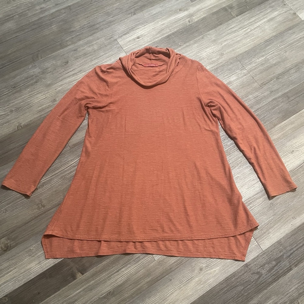 CUT LOOSE Sz L Linen/Cotton Coral/Rust Long Sleeve Slub Cowl Neck Top Lagenlook